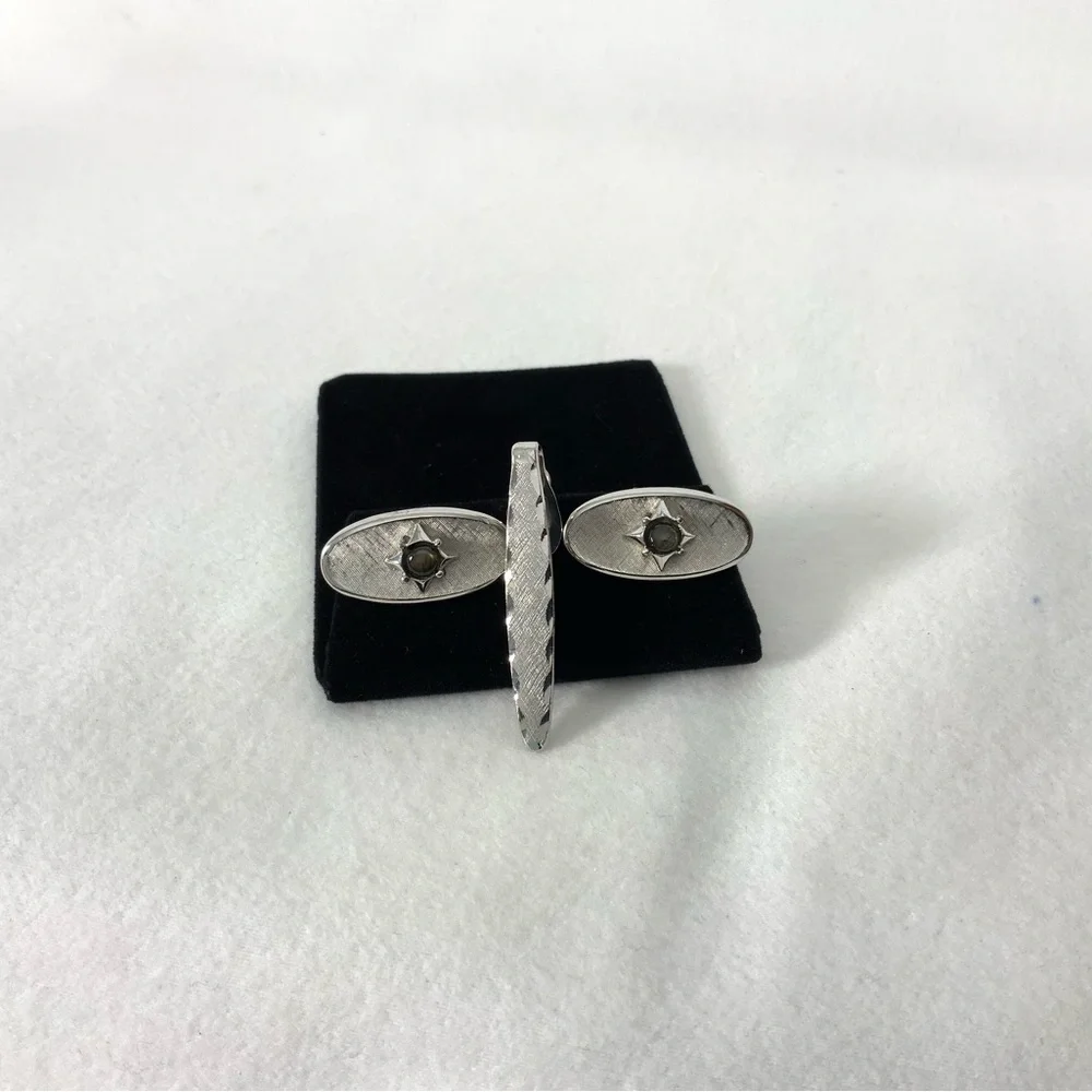 SWANK Silver Cufflinks with Gray Quartz Stone Matching Tie Clip Set